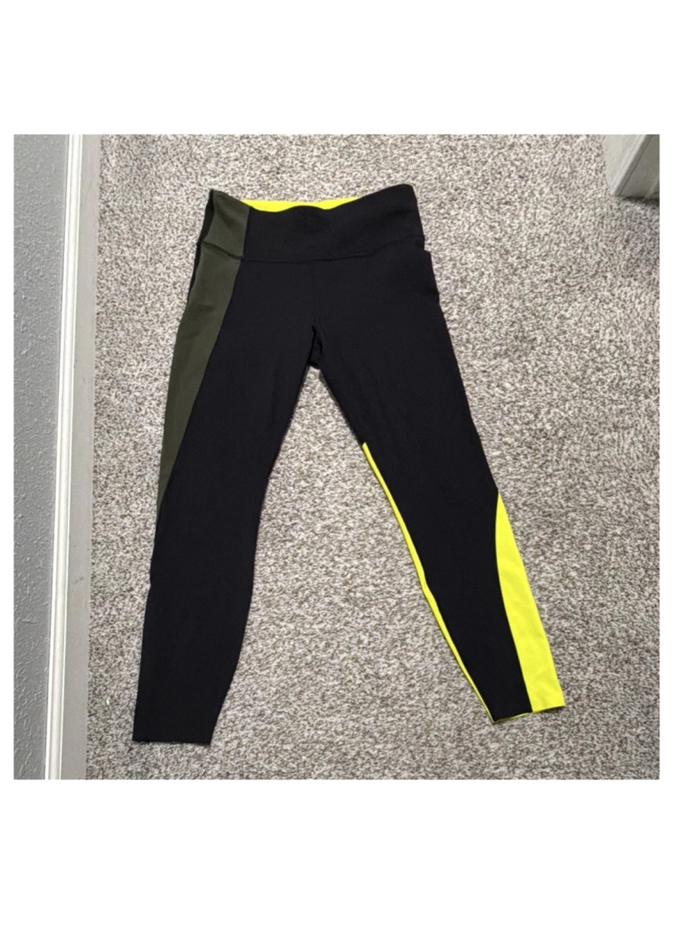 Athleta Black Leggings with Neon Yellow and Olive Panels color block M